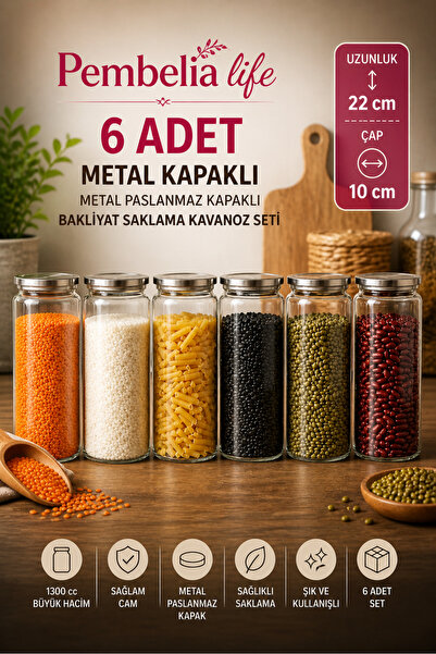 Kitchen Pembelia 6 Adet 1300cc Metal Vakum Kapaklı Cam Bakliyat Erzak Baharat...