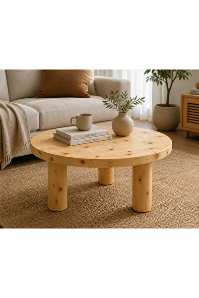 Trihome 80 cm Yuvarlak Masif Çam Orta Sehpa – 3 Ayaklı Modern Tasarım