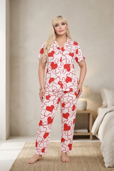 Farya Home Büyük Beden Soft Bambu Likralı Düğmeli Kısa Kollu Gömlek Pijama Takımı