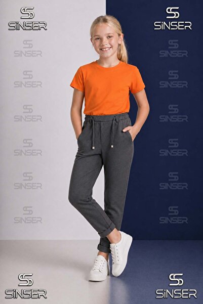 SS SİNSER Pantaloni uni pentru fete, cu talie elastică, stil Lycra cu tiv pli...