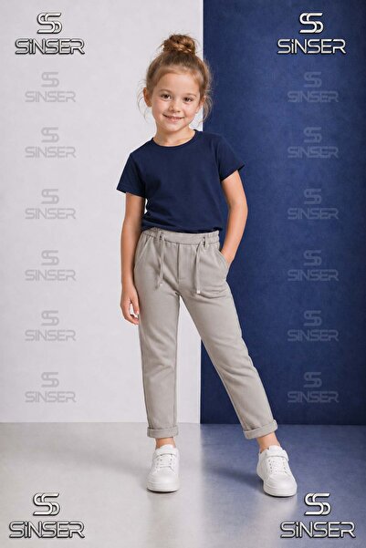 SS SİNSER Pantaloni uni pentru fete, cu talie elastică, stil Lycra cu tiv pli...