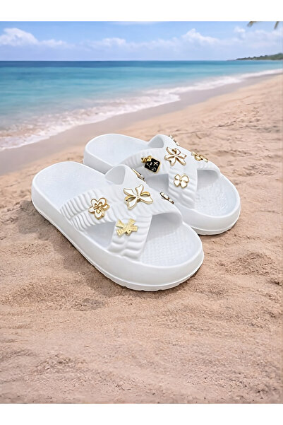 ÇEMİ Women's White Cross-Strapped Gold Bow Jibbitz Decorated Stylish Beach an...