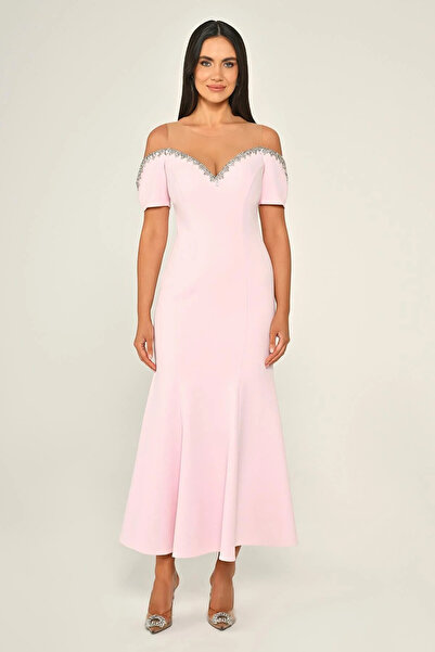 ALFABETA Low Sleeve Crepe Midi Dress with Stones on the Collar