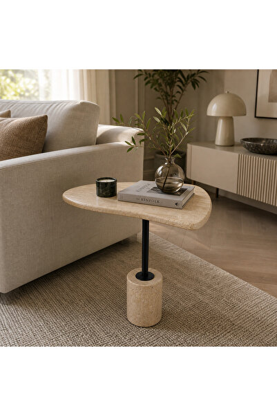 zekmar home stone Doğal Traverten Organik Form Yan Sehpa – Modern Taş Sehpa”
