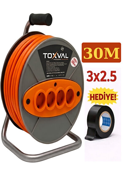 TOXVAL 3 x 2,5 30 Metre Makaralı Seyyar Uzatma Kablosu 4 Prizli ( Dörtlü )