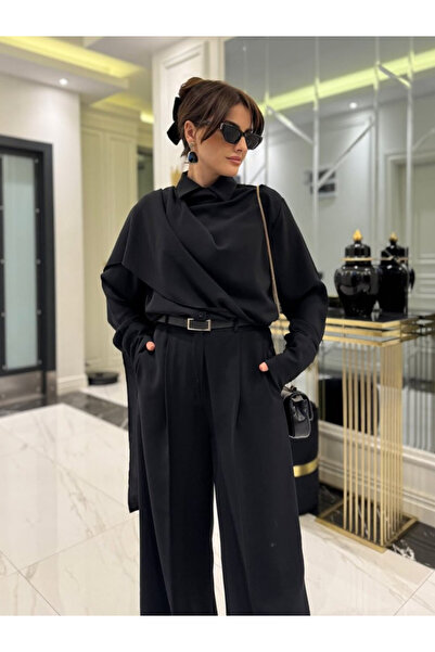 Generic Brand Women's Long Sleeve Shawl Detailed Blouse and Trousers Two-Piec...