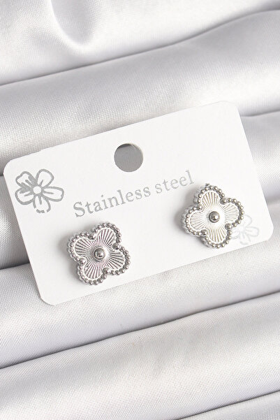 Clariss Brass Silver Color Embroidered Clover Model Women's Earrings