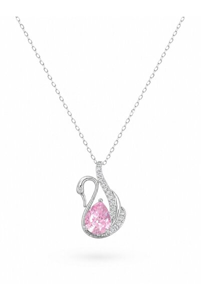 serelya 316L Steel Chain Silver Color Pink Swan Model Zircon Stone Women's Ne...