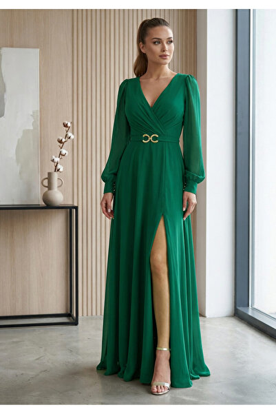 FaBe Fashion KRUVAZE YAKA UZUN KOLLU BELİ TOKALI YIRTMAÇLI ŞİFON NİKAH VE DIŞ...