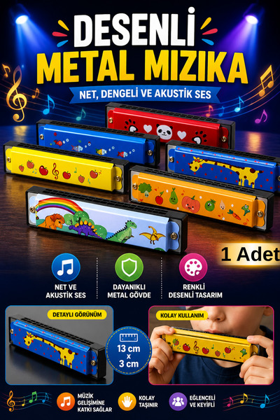 Tamsena Store Desenli Metal Mızıka 13 cm Çocuk Müzik Aleti Dayanıklı Akustik ...