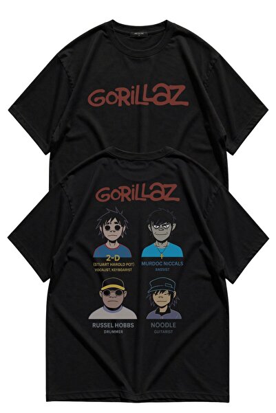 Fuddy Moda Tricou unisex cu imprimeu pe spate cu membrii Gorillaz, cu guler r...