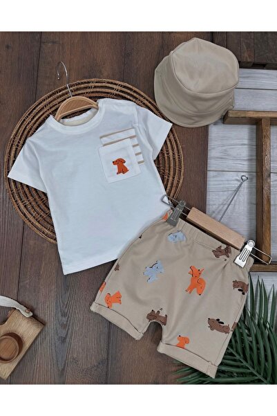 ASİLA Cute Dog Print Pocket Detail Summer Baby Boy T-Shirt, Shorts and Hat Set