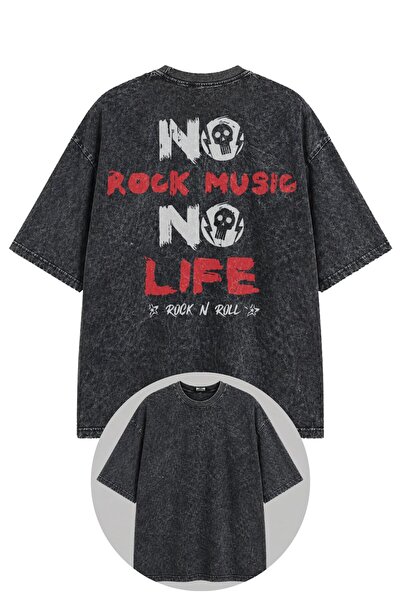 Fuddy Moda Tricou unisex oversize, imprimat pe spate, cu textul „No Rock Musi...