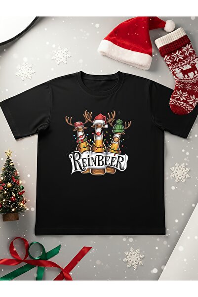 Sovae تي شيرت رجالي أسود برقبة دائرية وأكمام قصيرة بتصميم "Reindeer Beer" منا...