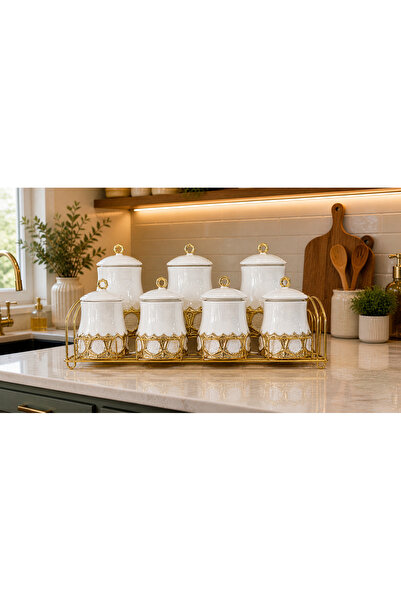 Defne Kitchen Porselen 7 Parça Standlı Gold Detaylı Baharat Seti