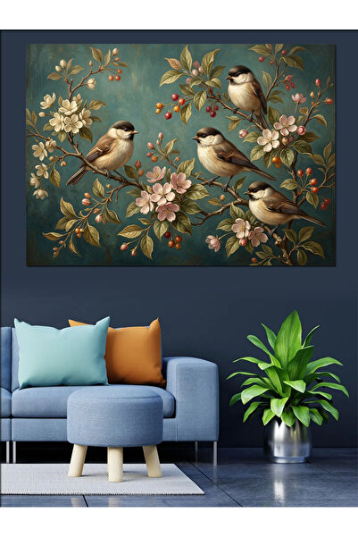 Artmeg Păsări mici stând pe ramuri cu flori - Pânză decorativă - Masă din lem...