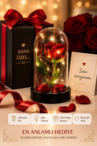 Lexi Bella LED Işıklı Cam Fanus Solmayan Gül Sevgiliye Romantik Özel Gün Hedi...