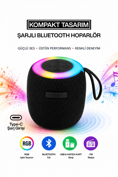 MetaForce RGB Işıklı Şarjlı Bluetooth Hoparlör - Type-C - FM Radyo - USB - HA...