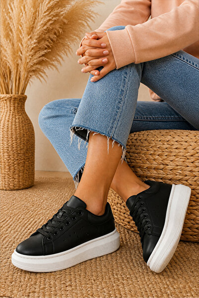 Scarpebutik Pantofi unisex Vera, negru și alb, cu talpă groasă, cu șireturi, ...