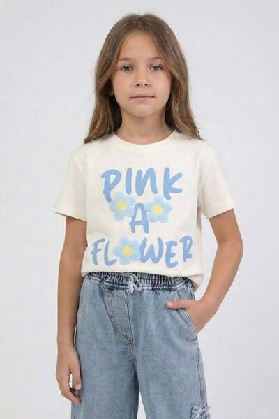 DMB BOYS & GIRLS Tricou cu broderie florală pentru fete, albastru, 4-9 ani