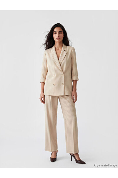 LC Waikiki Double-Breasted Collar Linen Mixed Women's Blazer Jacket