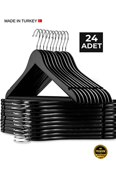 EMRA 24 Adet - Ahşap Görünümlü Plastik Akalite Siyah Elbise Askı
