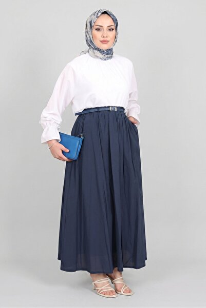Norshen Navy Blue Women's Draped Skirt with Belt Detail - Lined