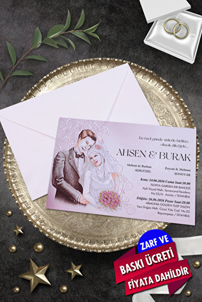 Cem Davetiye Düğün Nişan Nikah Kına Davetiyesi 3242 (100 ADET) Baskı Dahil