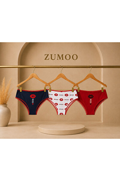ZUMOO 3-Piece Lace Detailed Kiss Printed Women's Panties Set