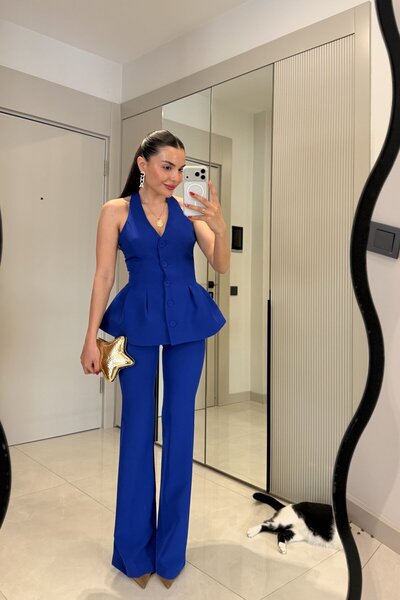 Gizem Ecemiş Velora Saks Mavi Premium Yelekli Takım