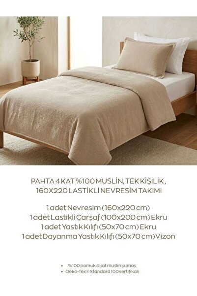 4 KAT %100 MUSLİN TEK KİŞİLİK ,160x220 LASTİKLİ NEVRESİM TAKIMI