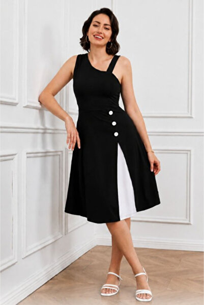 Kokosh moda Women's One-Shoulder Strap Buttoned Crepe Dress