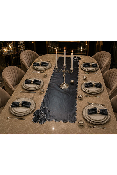 desicap Black Silver Glitter Embroidered Erasable Premium Runner Tablecloth 3...