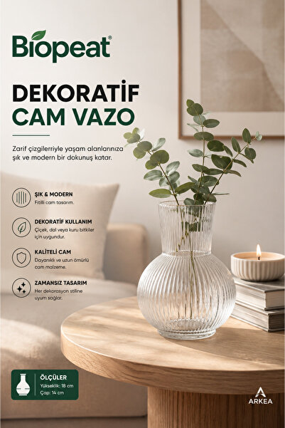 BioPeat Dekoratif Cam Vazo | Fitilli Şeffaf Cam Tasarım | Salon, Yemek Masası...