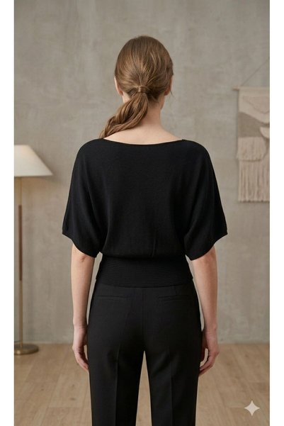 ALCHON Round Neck Loose Fit Oversize Bat Sleeve Waist-Fitted Gathering Summer Spring Viscose Knitwear Blouse