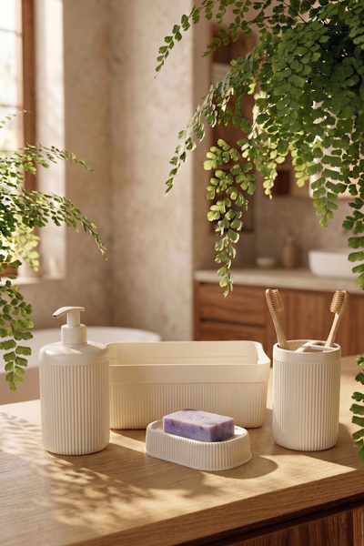 Vienev 4'lü Banyo Seti 550ml Krem - Sıvı Sabunluk, Diş Fırçalık ve Çok Amaçlı Düzenleyici Organizer