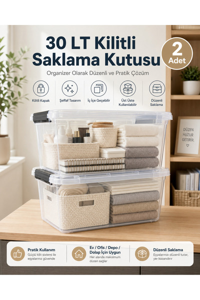 biedda 2 Adet 30 LT Kilitli Saklama Kutusu Şeffaf Plastik Kapaklı Organizer D...