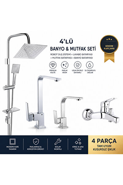 ELMİNA ARMATUR Krom 4 Parça Banyo Seti Robot Duş Paneli + Mutfak Bataryası + ...