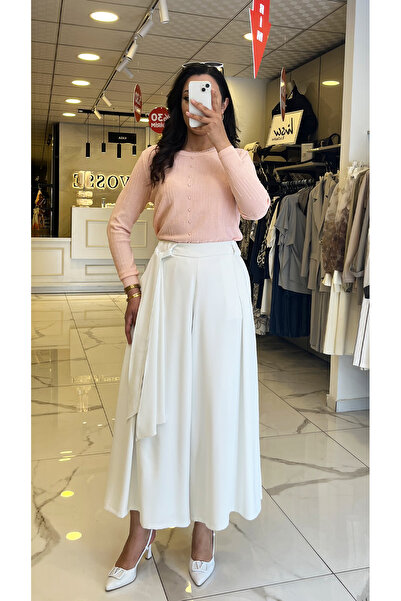 Vosse Bize Beyaz Beli Lastikli Kuşaklı Etek Pantolon