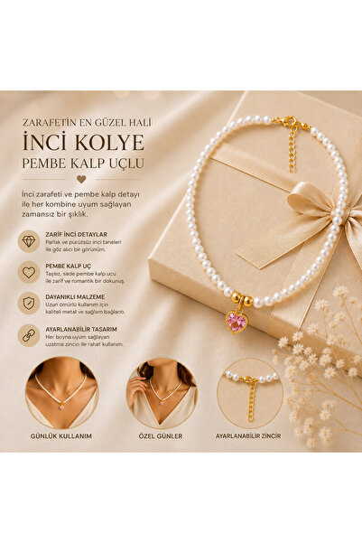 synshop İnci Kolye Pembe Taş Kalp Uçlu Gold Detaylı Zarif Kadın Kolye Choker