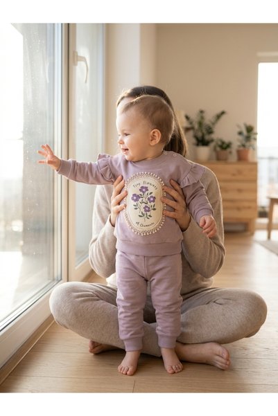 INFANT Set bluză și pantaloni cu flori brodate și volane - Mărimi de la 6-9 la 18-24 luni