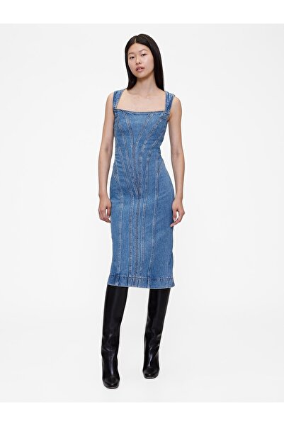 GAP Kadın Açık Mavi GapStudio Seamed Denim Midi Elbise