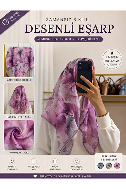 mervecollection Kadın Desenli Eşarp Fuşya Gül Desenli