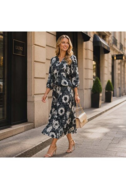 moonra collection Gri Çiçek Desenli Trend Maxi Boy Elbise