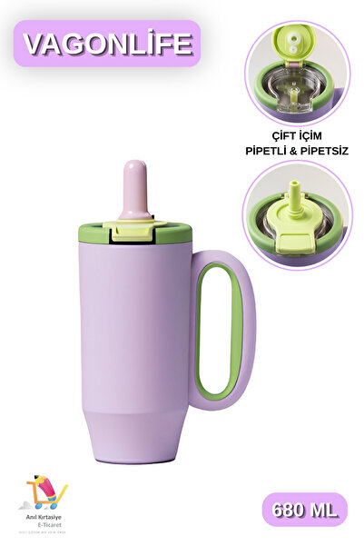 Vagonlife 680 ML Çift İçim - Pipetli / Pipetsiz Taşıma Kulplu Paslanmaz Çelik...