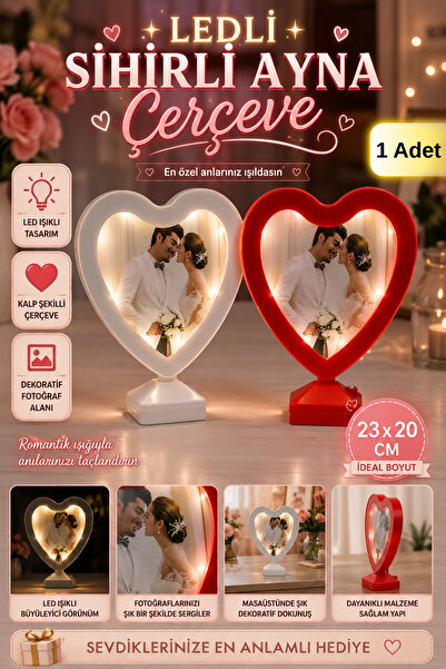 Tamsena Store 23x20 Cm Ledli Sihirli Ayna Çerçeve Kalpli Işıklı Fotoğraf Çerç...