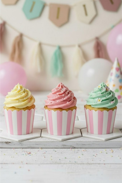 NEWPARİ Çizgili Makaron Pembe Renk Temalı Cupcake & Muffin Kek Kalıbı Fırında...