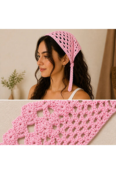 HANDMADEAKİLE El Örgüsü Tığ İşi Saç Bandanası – Bohem Yazlık Bandana – Pembe