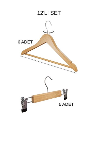 808 Studio Ahşap Kıyafet Askı Set 12li Askı Elbise Askısı Pantolon Askısı Naturel Ahşap Askı