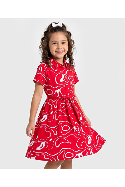 Pine kids Cotton Knit Half Sleeves Printed Shirt Style Dress - Red